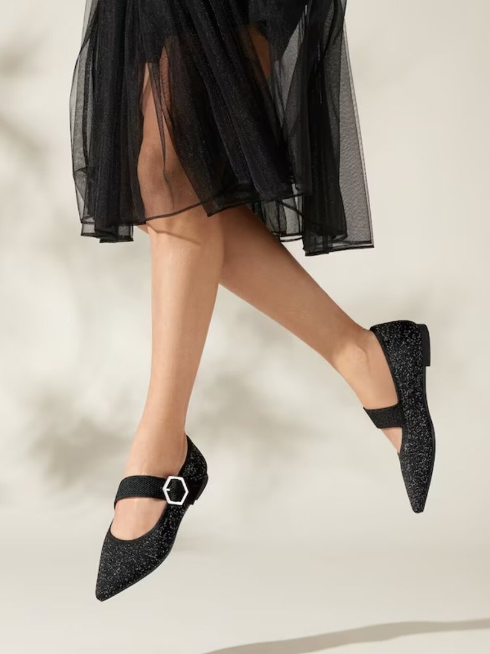 Vivaia Maria Pointed-toe Mary-Jane Flats in Metallic Black Size 9.5